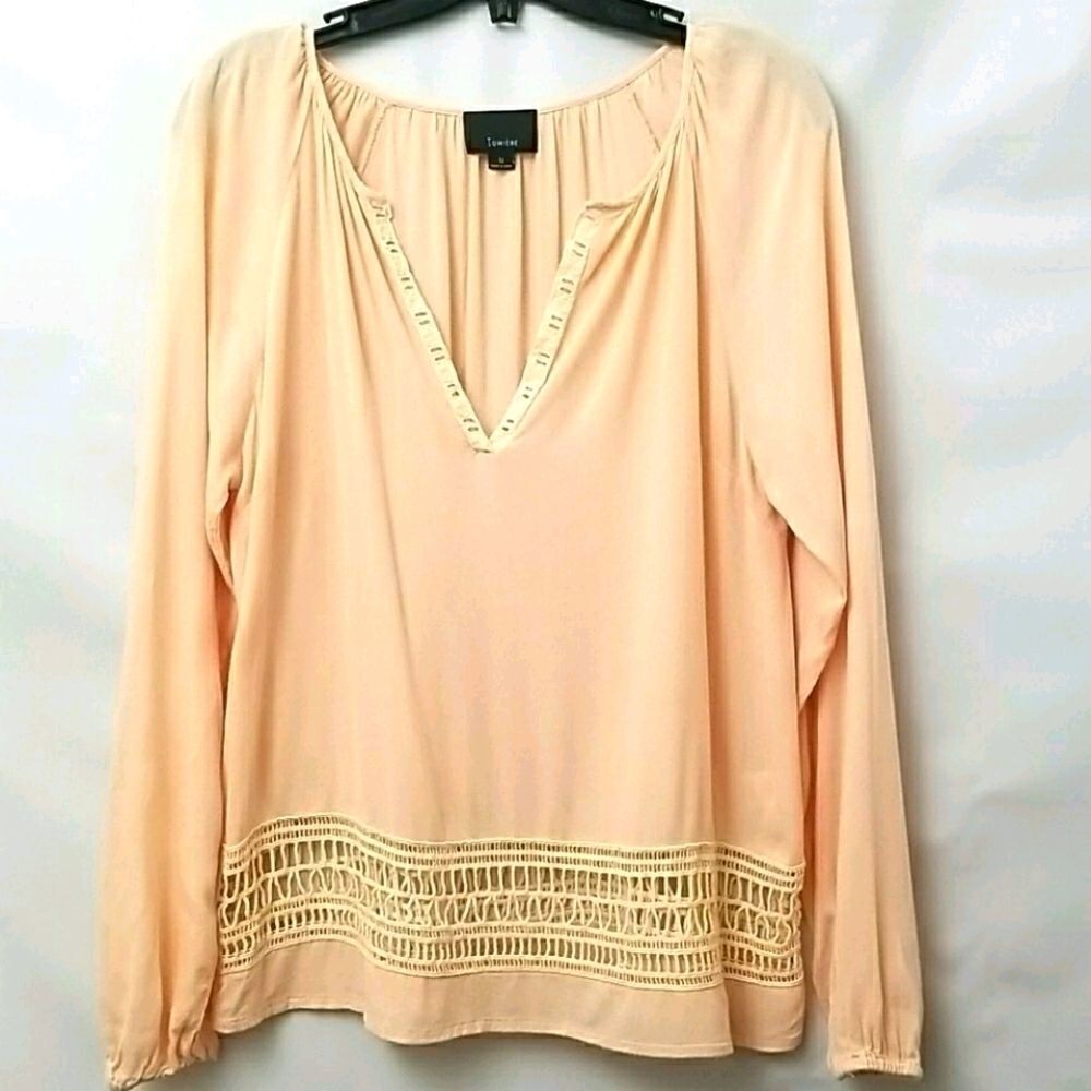🎁5/$25 Lumiere Blouse Women's Medium V Neck Long Sleeve Embroidered Peach Rayon